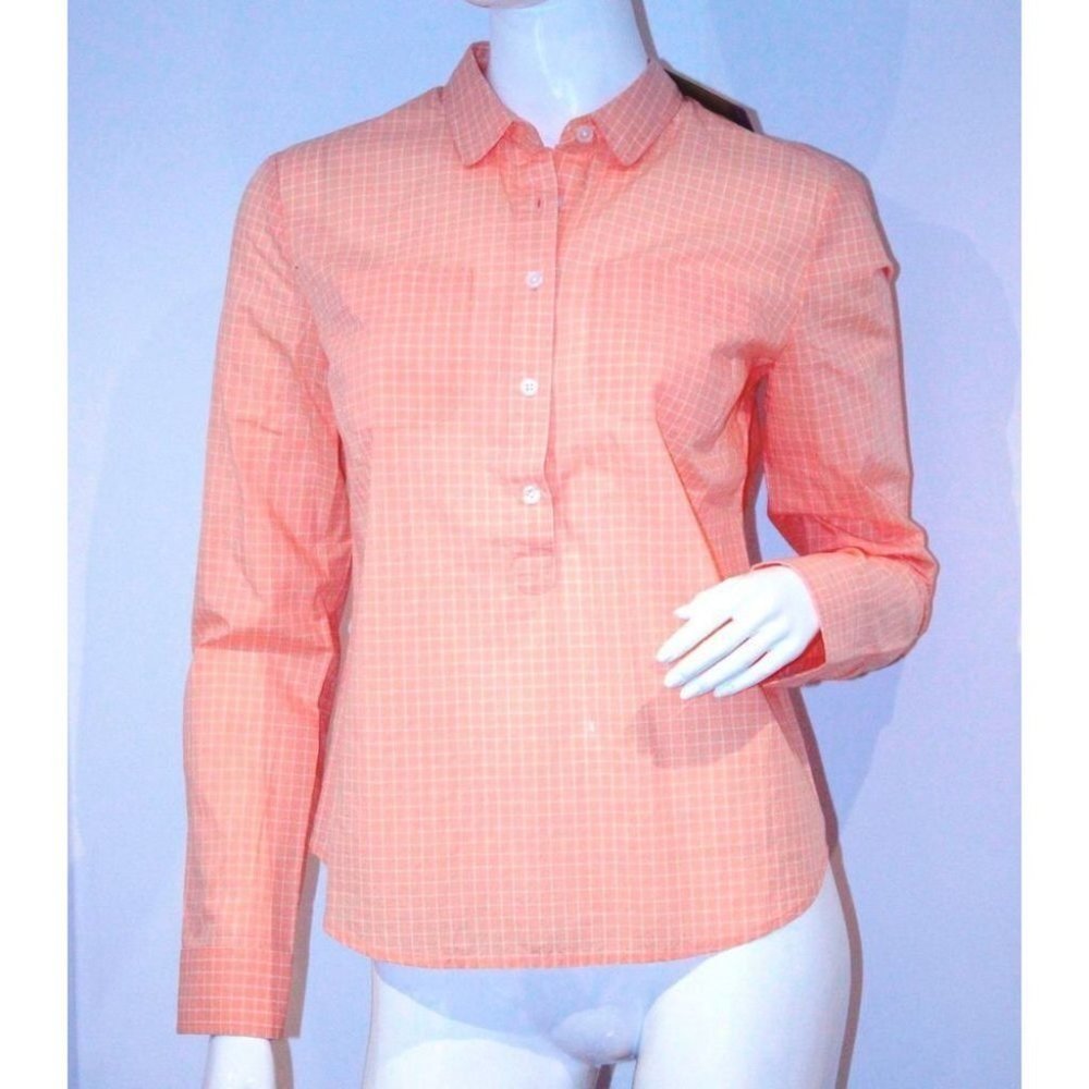 AN ORIGINAL PENGUIN ORANGE PEACH FUZZ CHECK BUTTON SHIRT TOP COTTON POCKETS S